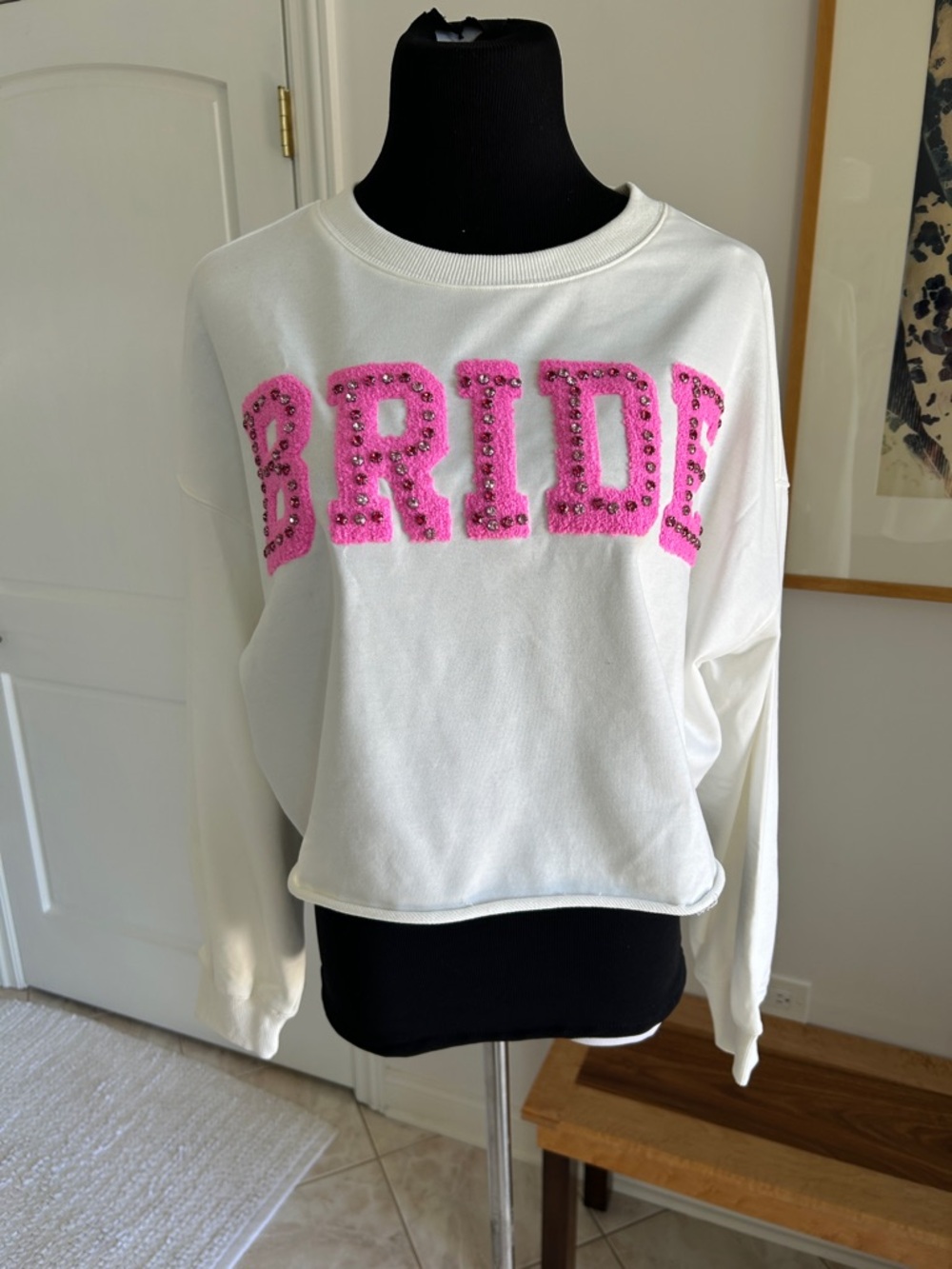 Peach Love California White Crewneck Sweater with Pink Jeweled BRIDE Lettering